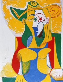 Pablo Picasso : seated woman in a yellow and green hat